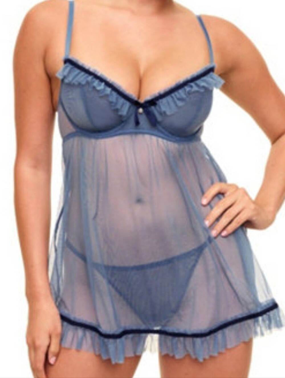 Adore Me Tayla Babydoll Top 38B Blue Sheer Mesh Lingerie Ruffles Sexy Romantic